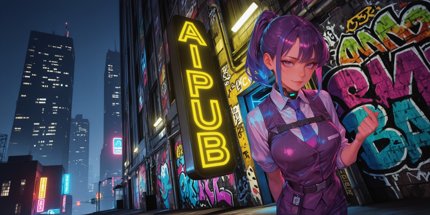 AIpub neon alley artwork featuring the vertical AIpub sign and community mascot