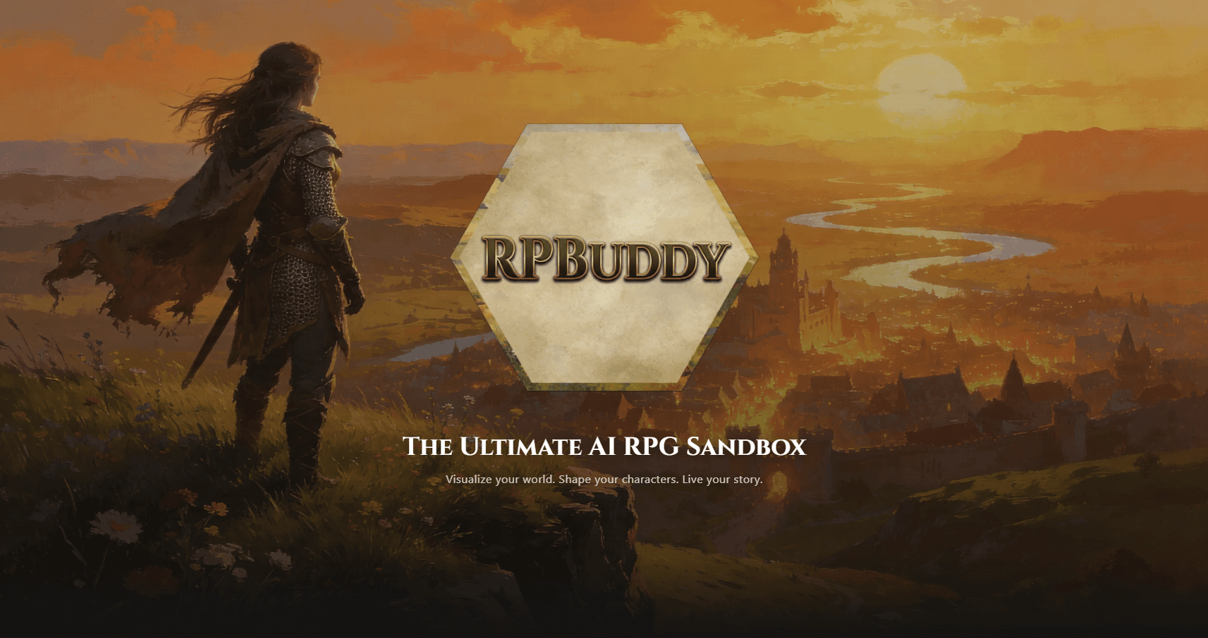 Fantasy adventurer looking over a sunset valley for RPBuddy