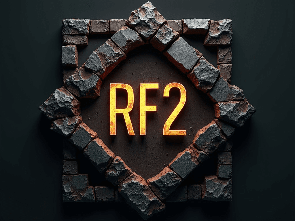 RF2 mark framed by a broken stone border